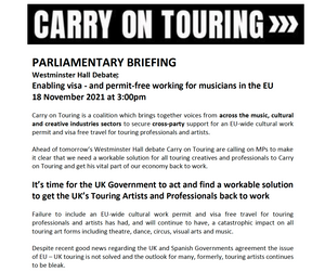 MPs will hold a general debate on enabling visa- and permit-free working for musicians in the EU on Thursday 18 November in Westminster Hall. The debate will be led by Harriet Harman MP, and will last for up to 90 minutes.  Watch the debate (from 3pm, Thu