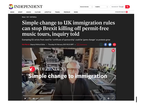 The Independent — Simple change to UK immigration rules can stop Brexit killing off permit-free music tours, inquiry told