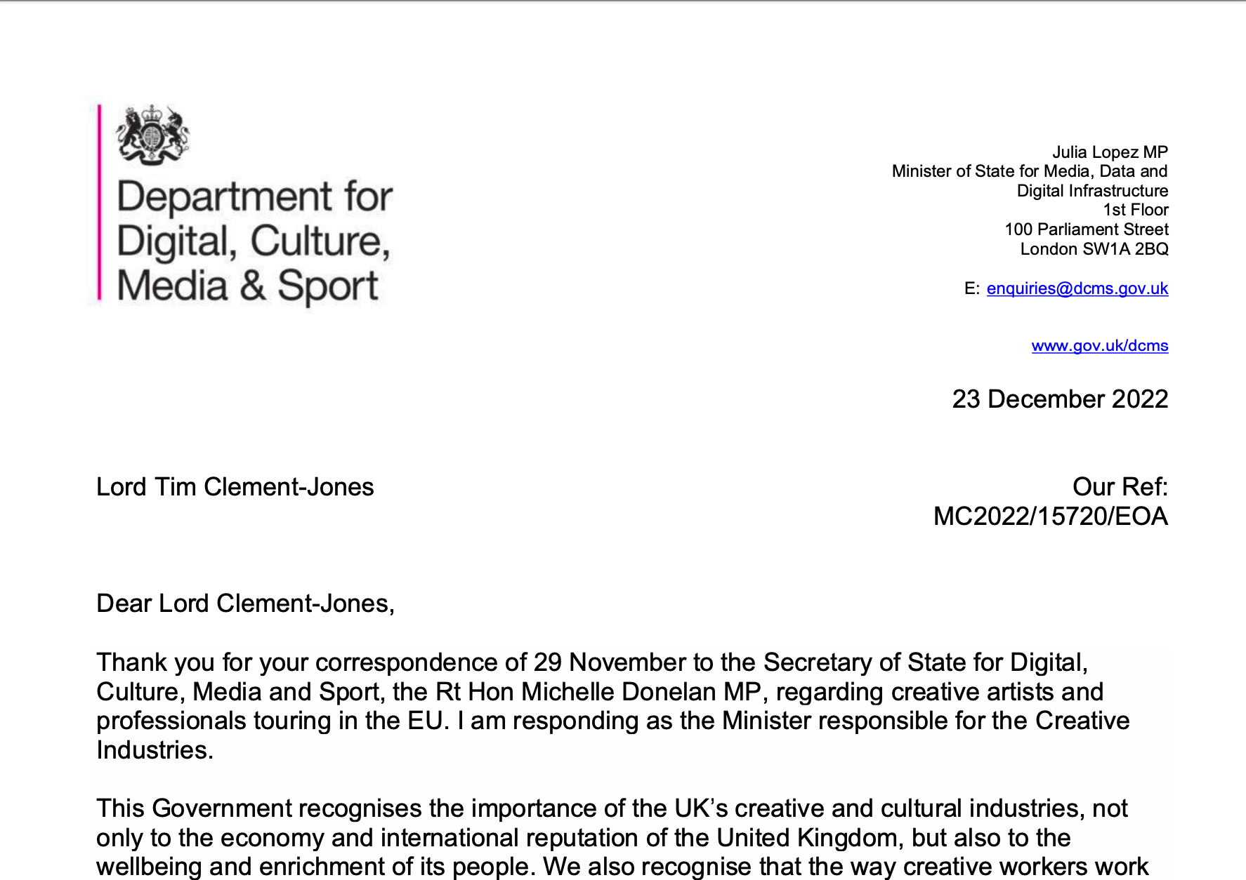 DCMS replies to Lord Clement-Jones